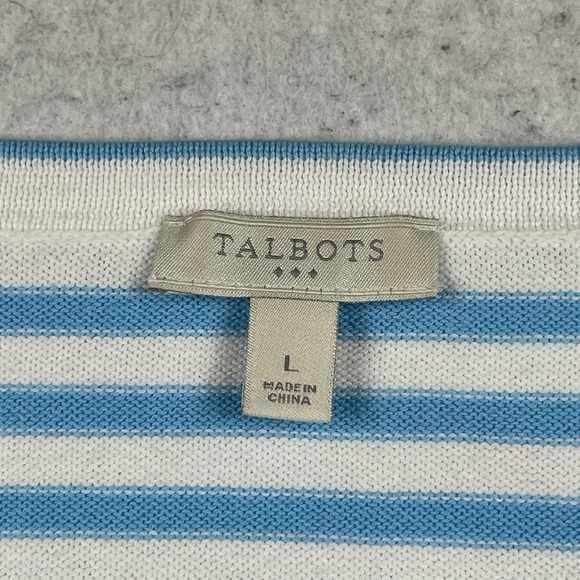 Talbots Sweater Womens Large White Blue Stripes 3/4 Sleeve Cardigan Flamingo - Picture 3 of 11